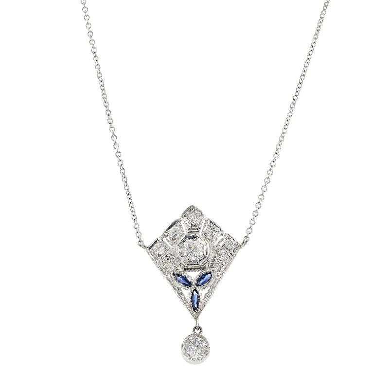 women’s stylish necklaces-Art Deco 18K Gold Diamond and Sapphire Necklace