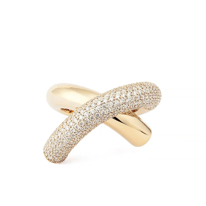 women’s fashion rings-Cross Loop Big Half Pavé 18K Gold Ring w. Diamonds