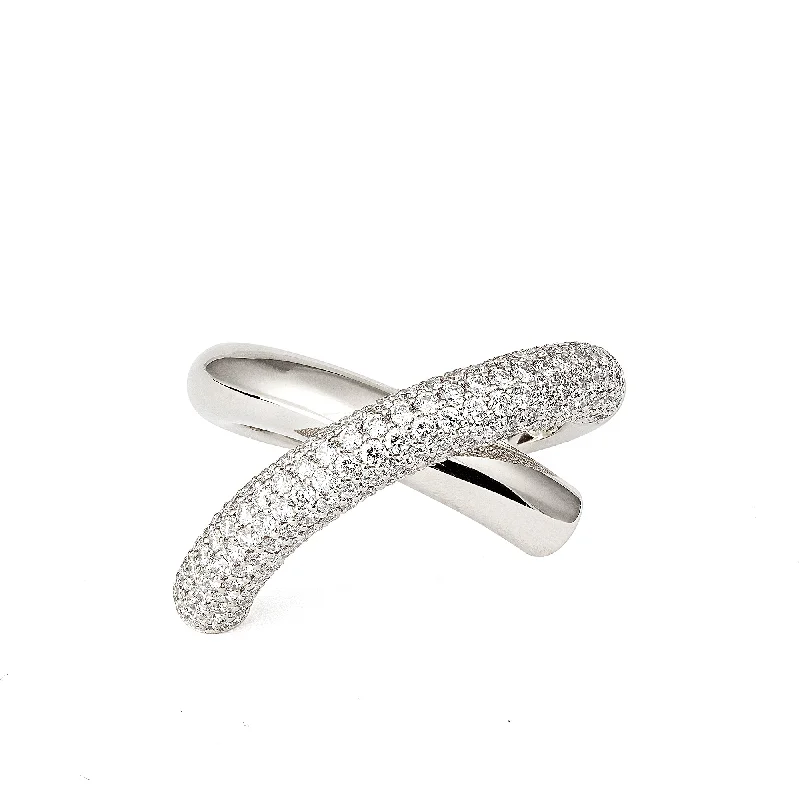 women’s solitaire rings-Cross Loop Medium Half Pavé 18K Whitegold Ring w. Diamonds