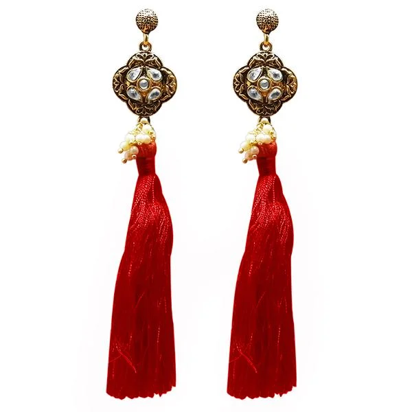 women’s turquoise earrings-Tip Top Fashions Kundan Pearl Red Thread Gold Plated Earring - 1311414F