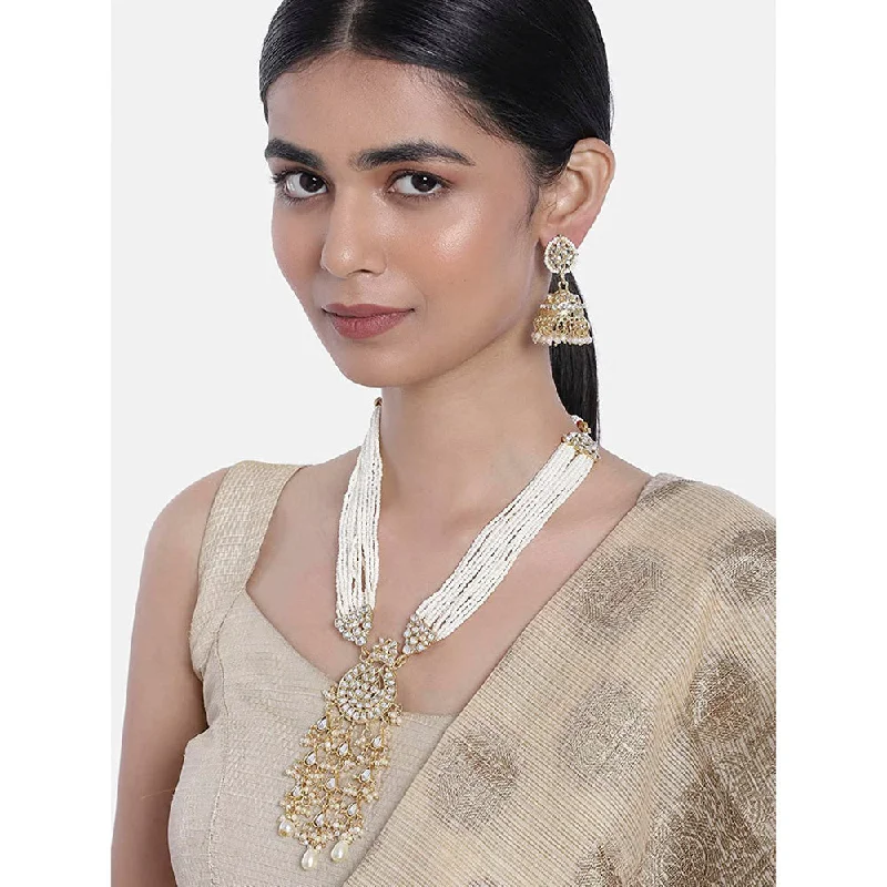 women’s short necklaces-Etnico18k Gold Plated Traditional Multistrand Pearl Kundan Studded Necklace Jewellery Set For Women (ML308W)