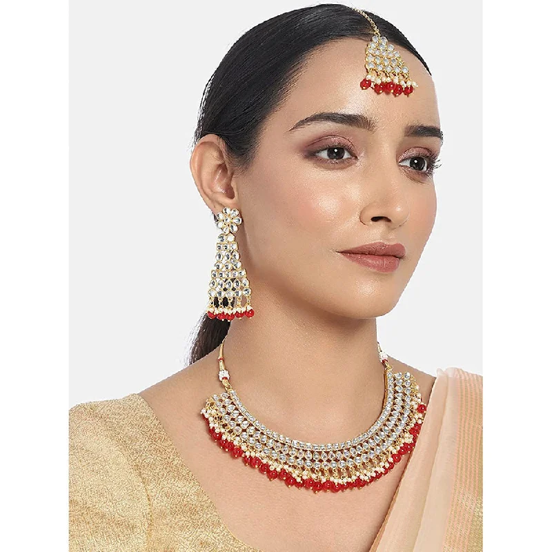 women’s personalized name necklaces-Etnico Traditional Gold Plated Handcrafted Stone Studded & Pearl Necklace Set with Earrings & Maang Tikka for Women (M4111R)