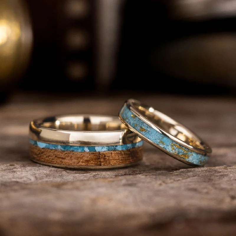 women’s custom-made engagement rings-The Reeves & Phoenix - Gold and Turquoise Wedding Ring Set