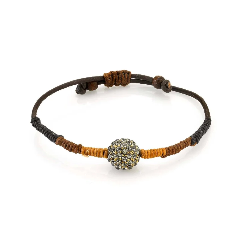 women’s engraved bangles-T.R.U. Black Diamond Fireball Crystal Brown Leather Cord Linen Wrapped Bracelet