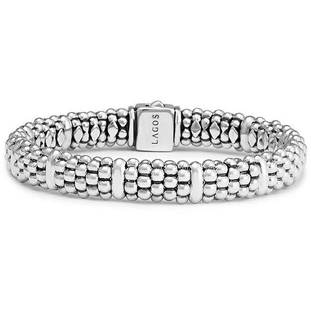 women’s engraved bangle bracelets-Lagos Sterling Silver Caviar 9 Station 9mm Bracelet