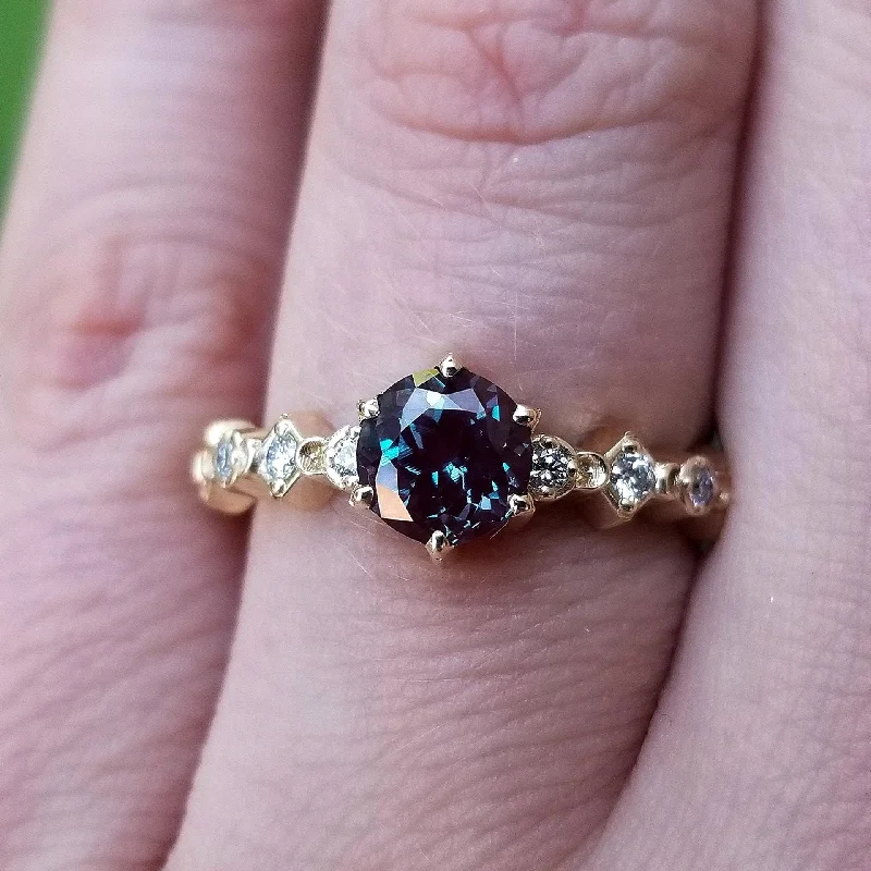 women’s diamond eternity engagement rings-Ready to Ship Size 6-8 Mini Moon Chatham Alexandrite Diamond Engagement Ring - Crescents and White Diamonds - Modern Bridal