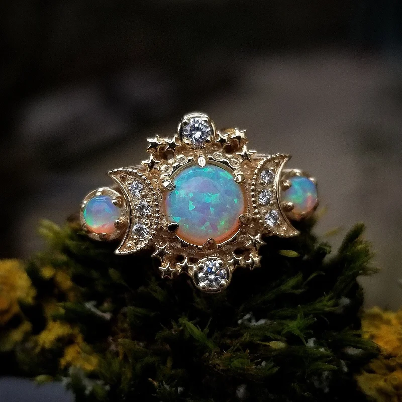 women’s nature-inspired engagement rings-Chatham Opal Cosmos Moon Witchy Engagement Ring - Palladium White Gold Celestial 3 Stone Diamond Stardust Ring -Unique Fine Jewelry