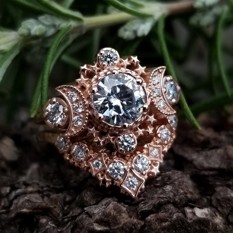 women’s round diamond engagement rings-Diamond Cosmos Boho Engagement Ring Set - Diamond, Champagne Diamond, Black Diamond, Salt & Pepper Diamond or Moissanite Center Stone