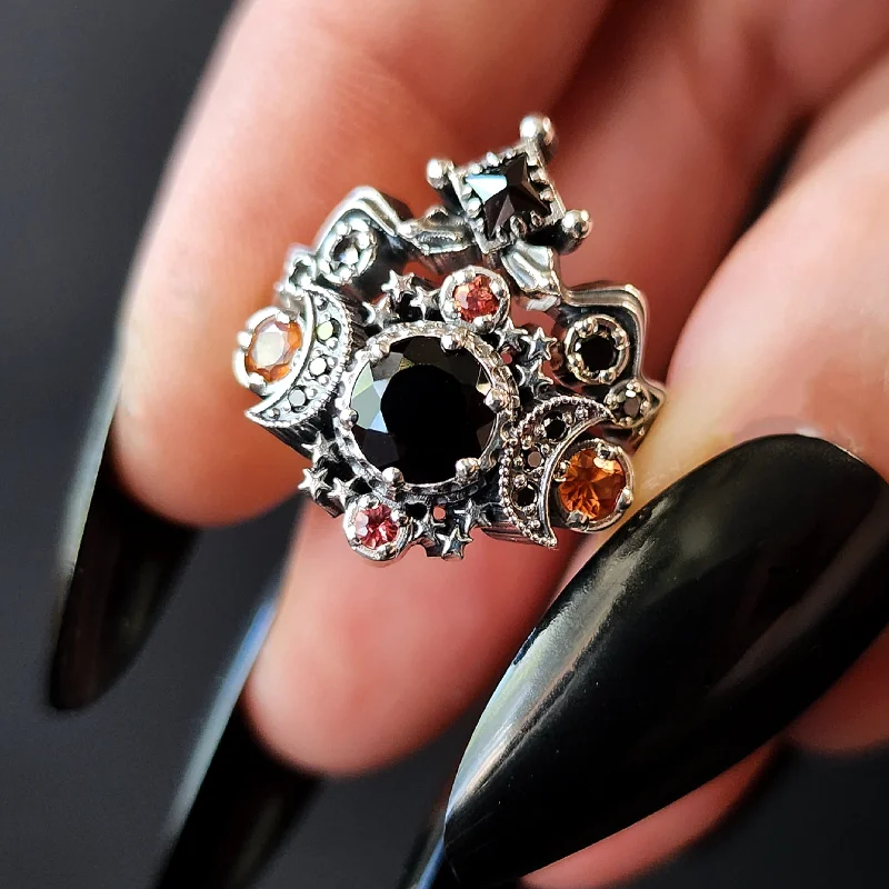 women’s heirloom engagement rings-Black Spinel & Orange Sapphire Moon and Snake Engagement Ring Set 3 Stone Ring Triple Moon Gothic Fantasy Jewelry