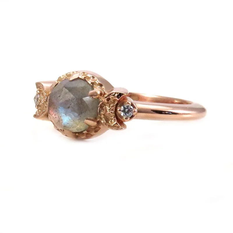 women’s modern engagement rings-Labradorite and Diamond Moon Goddess Engagement Ring - Gothic Victorian Rose Gold Ring