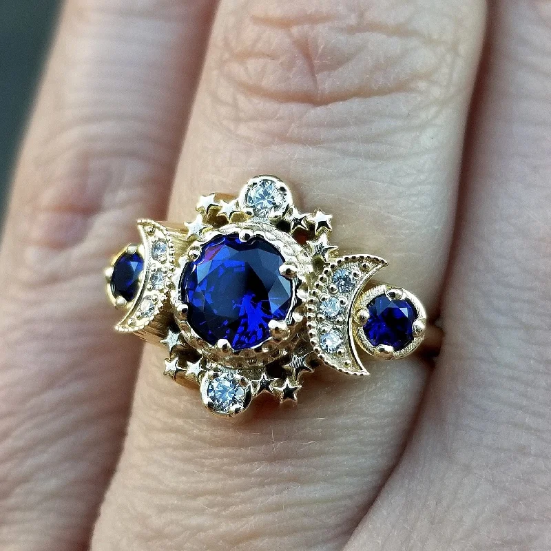 women’s promise engagement rings-Chatham Sapphire Cosmos Triple Moon Engagement Ring - 14k Gold and Diamonds