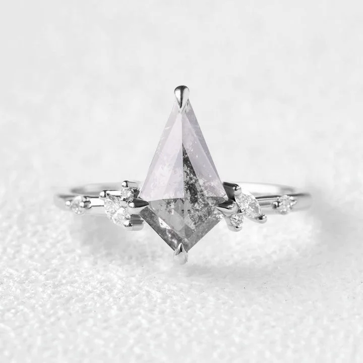 women’s white gold engagement rings-Salt and Pepper Diamonds Kite Cut Stacking Engagement Ring