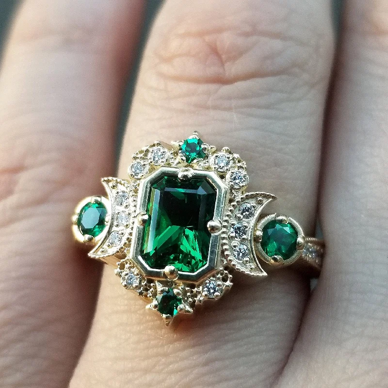 women’s simple diamond engagement rings-Chatham Emerald Selene Diamond Crescent Moon Engagement Ring - Emerald Cut Emerald - 14k Yellow Gold, 14k Rose Gold or 14k White Gold