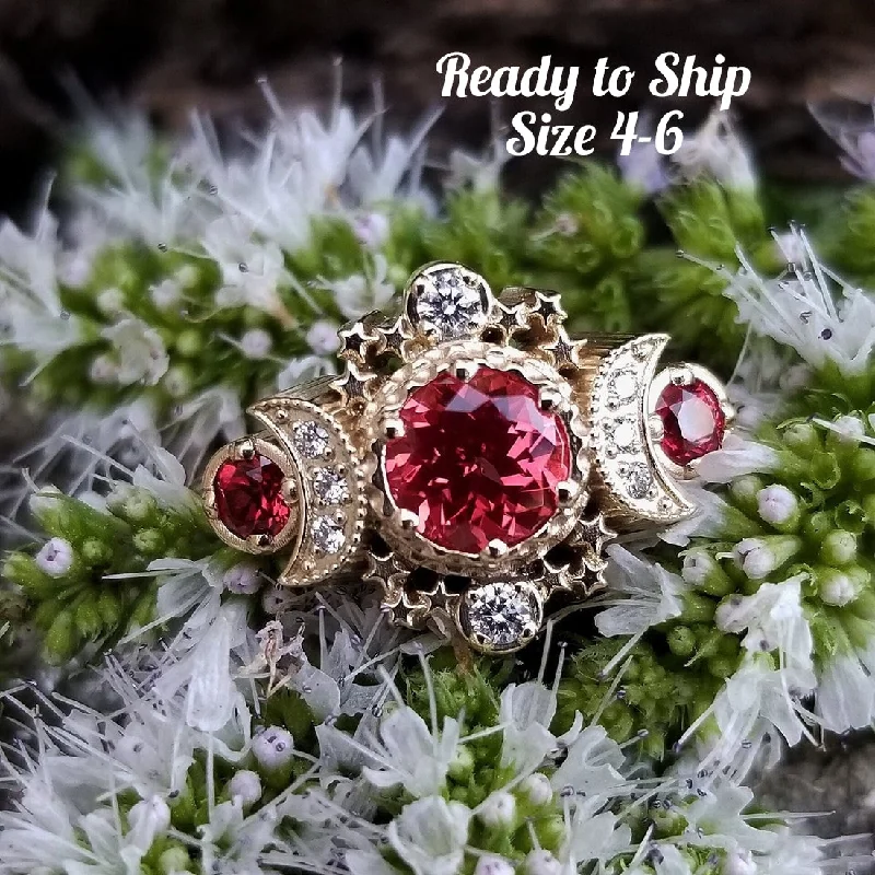 women’s statement engagement rings-Ready to Ship Size 4-6 Chatham Padparadscha Sapphire Cosmos Engagement Ring - 14k Yellow Gold and Diamonds