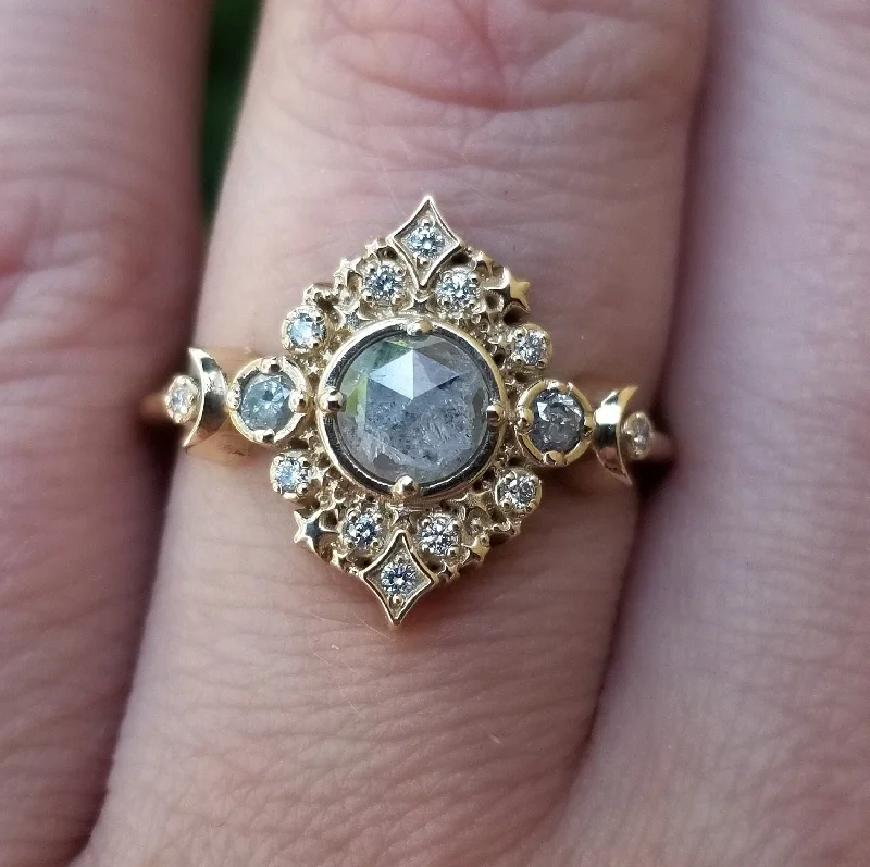 women’s traditional engagement rings-Galaxie Lunar Engagement Ring - 14k Gold - Pick your Salt & Pepper Diamond - Boho Moon Wedding Ring