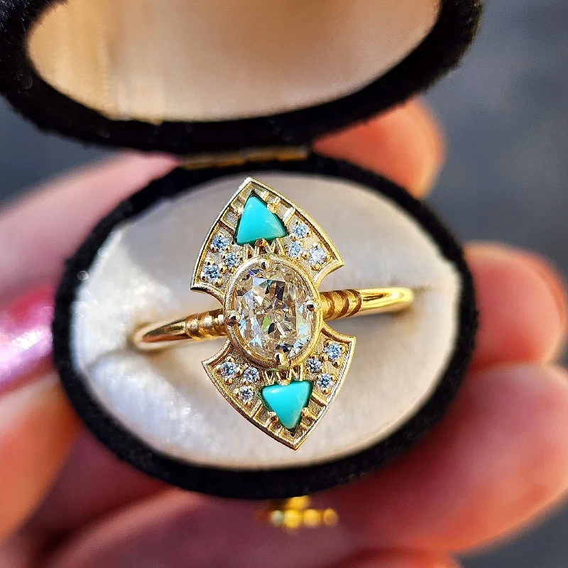 women’s custom engagement rings-Ready to Ship Size 6 - 8 Art Deco Natural Oval Light Yellow Diamond Engagement Ring with Arizona Turquoise Trillions - 14k Yellow Gold