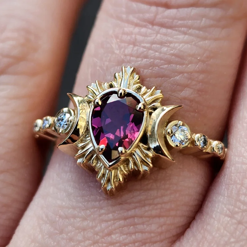 women’s cushion halo engagement rings-Pear Rhodolite Garnet Engagement Ring with Crescent Moons and Diamonds - Moon Fire Celestial 14k Yellow Gold Wedding Ring