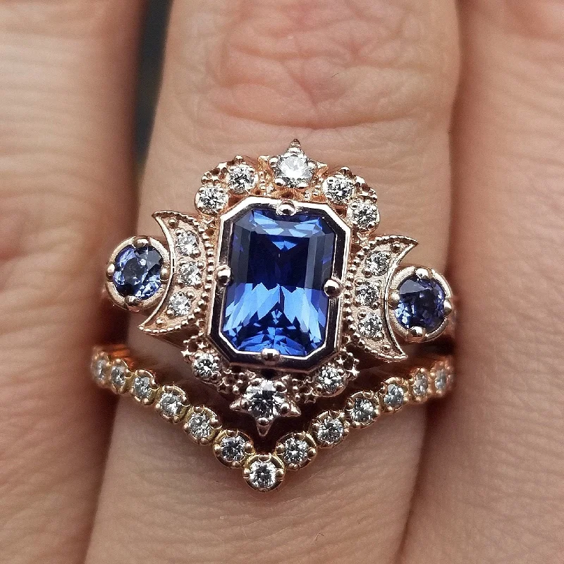 women’s pink sapphire engagement rings-Chatham Sapphire Selene Celestial Engagement Ring Set - Diamonds and Emerald Cut Blue Chatham Sapphires - 14k Rose Gold