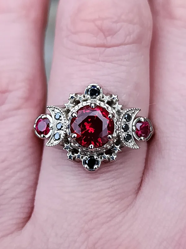 women’s emerald cut engagement rings-Blood Moon Chatham Ruby Engagement Ring with Black Diamonds Cosmos Gothic Triple Moon Wedding Ring - 14k Palladium Gold