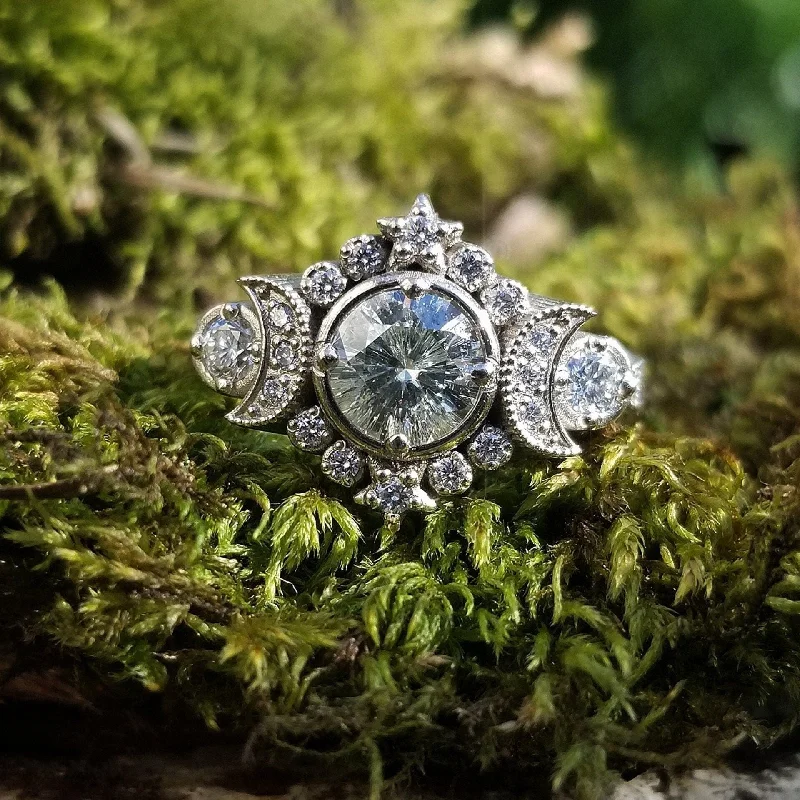 women’s classic engagement rings-Selene Moon Goddess Engagement Ring - Lab Diamond, Sapphire, Moissanite or Galaxy Diamond Lunar Boho Wedding Ring -14k Palladium White Gold