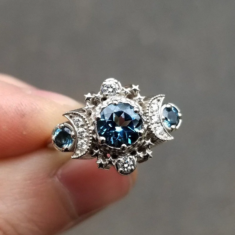 women’s stackable engagement rings-London Blue Topaz and Diamond Cosmos Engagement Ring - Triple Moon Goddess White Gold Jewelry