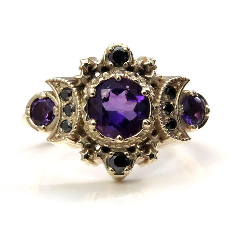 women’s multi-stone engagement rings-Amethyst and Black Diamond Cosmos Engagement Ring - Gothic Engagement Fine Jewelry