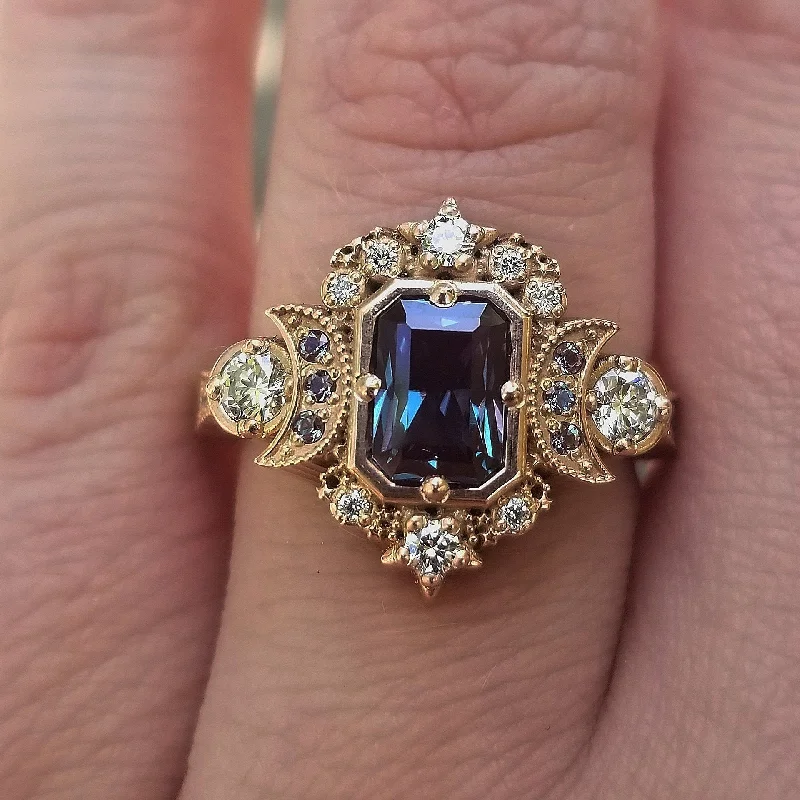 women’s luxury engagement rings-Radiant Emerald Cut Alexandrite Selene Crescent Moon Engagement Ring - Diamonds and Chatham Alexandrite