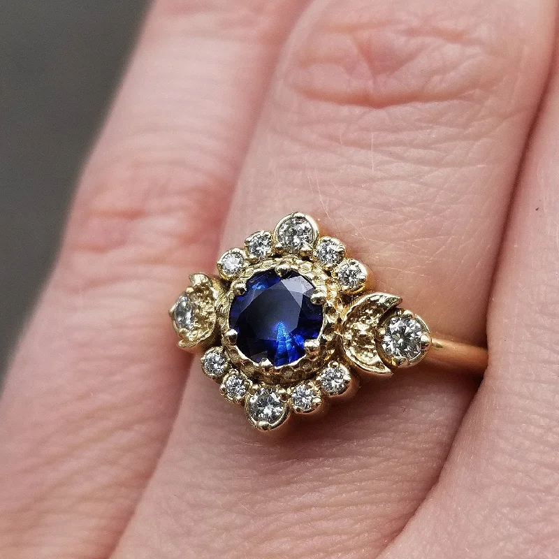 women’s engagement rings with diamonds and rubies-Ready to Ship Size 6 - 8 - Blue Moon Halo Sapphire Engagement Ring Set with Double Chevron Wedding Band - 14k Yellow Gold - Handmade Jewelry