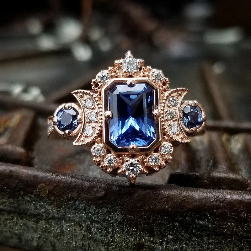 women’s antique engagement rings-Chatham Sapphire Radiant Selene Triple Moon Engagement Ring - Diamonds and Radiant Cut Blue Chatham Sapphires - 14k Rose Gold