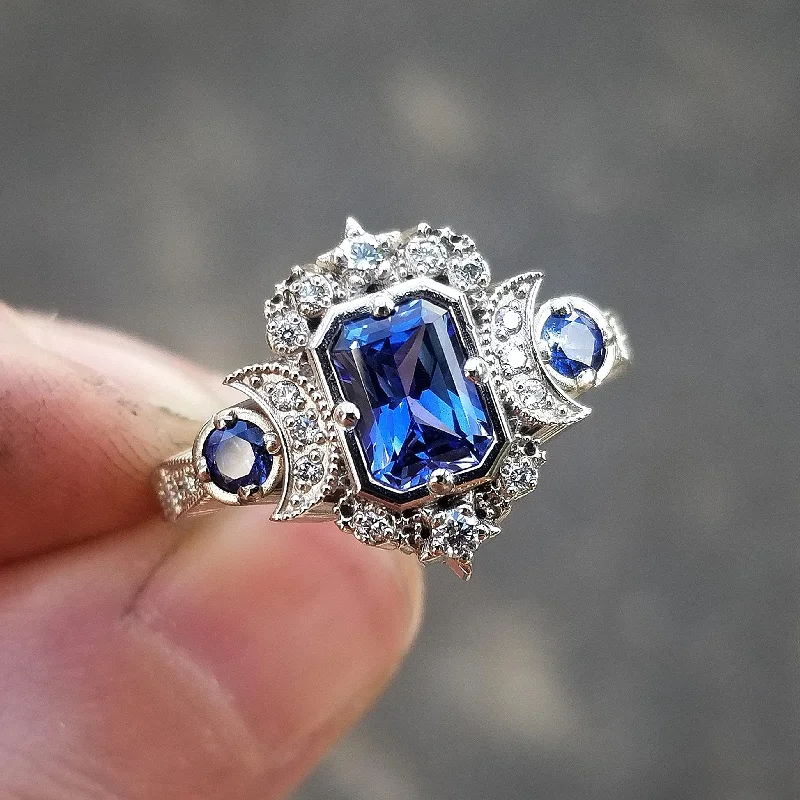 women’s radiant cut engagement rings-Radiant Blue Sapphire Selene Crescent Moon Engagement Ring - Diamonds and Blue Chatham Sapphires - 14k Gold