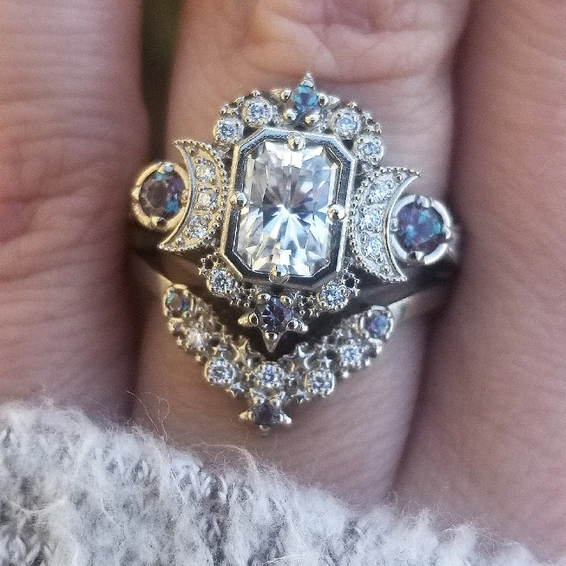 women’s engagement rings for her-Emerald Cut Selene Moon Goddess Engagement Ring Set - Moissanite , Diamond and Chatham Alexandrite - 14k Palladium White Gold